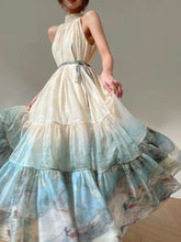 Bxoxo Women Summer Fashion Vintage Print Hanging Neck A-Line Dress Off-shoulder Sleeveless Pleated Dresses Casual Female Clothes Robe